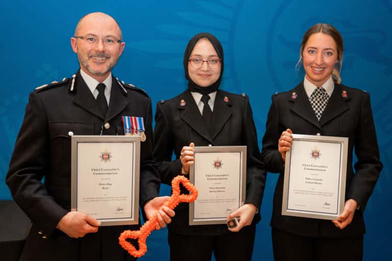 Chief Constable Gavin Stephens (Left), Police Constable Sabrina Schwarz (centre), Police Constable Beesley (right) credit: Surrey Police