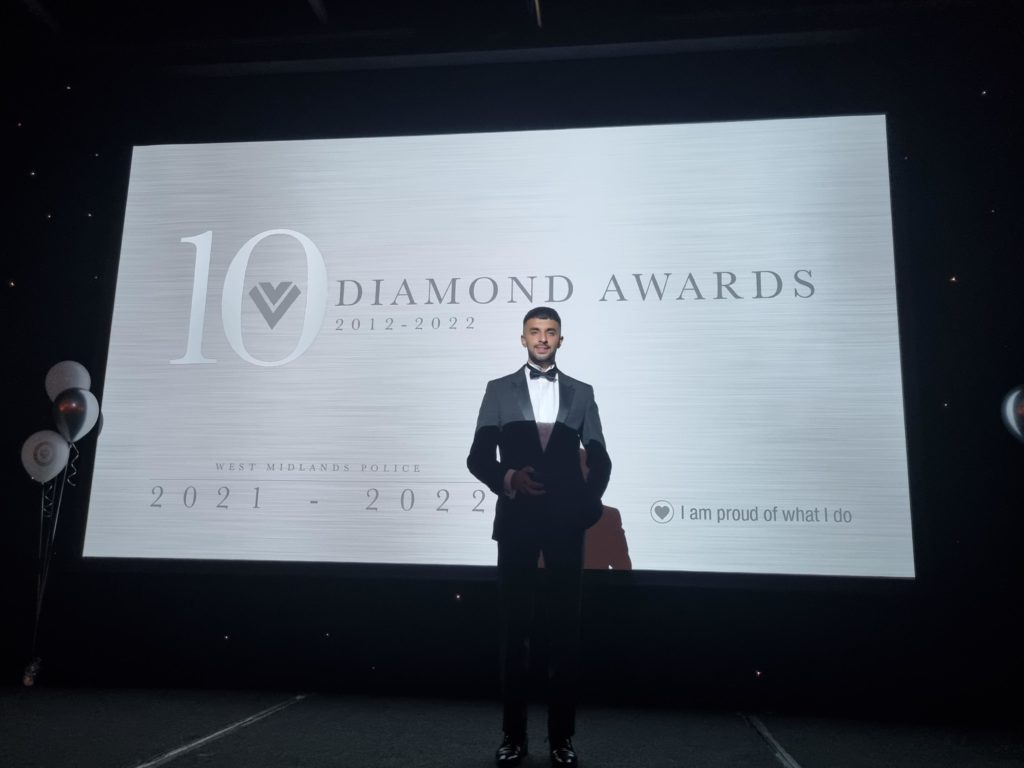 PC Akhtar on stage at the Diamond Awards, receiving his Student Officer of the Year award