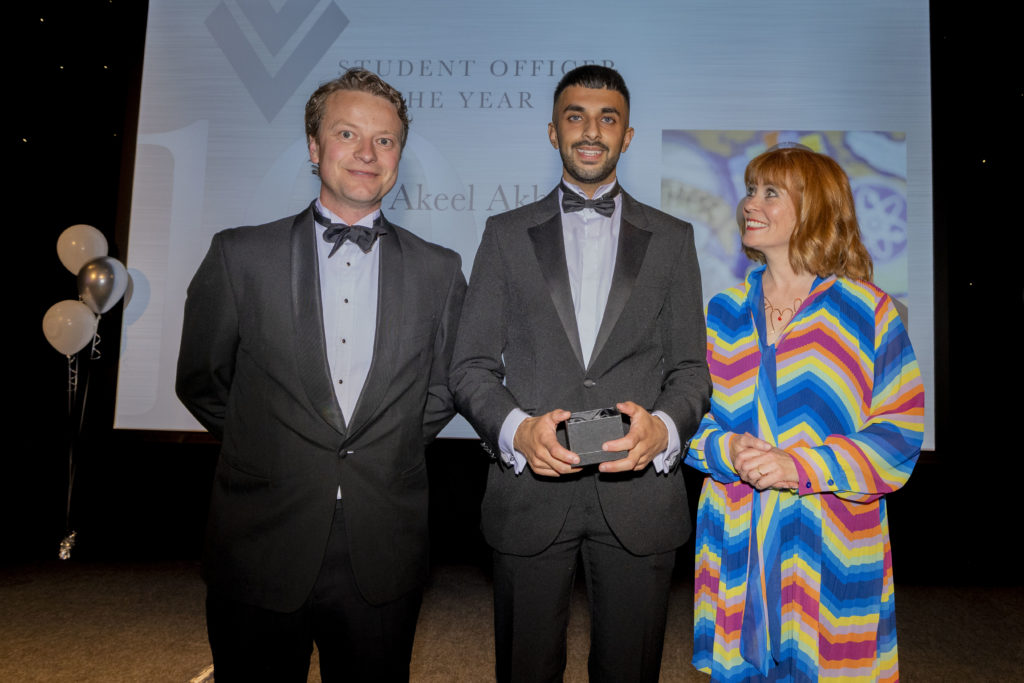 PC Akhtar (middle) with presenter Jo Malin (right) and a representative from Accenture, which sponsored the award category (Credit WMP)
