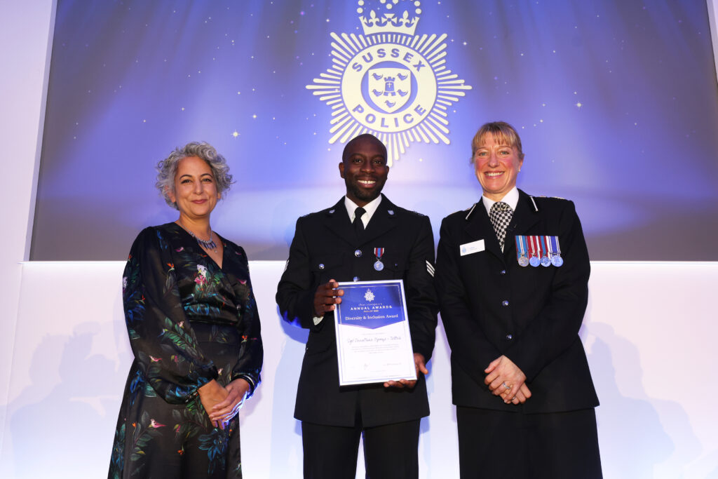 T/PS Jon Opaye-Tetteh at the Chief Constable's Awards 2022, runner up in the Diversity and Inclusion in Sussex Police category (Photo credit: Sussex Police)