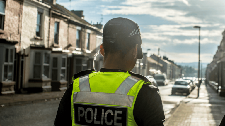 Police woman walking down street of terrace houses.