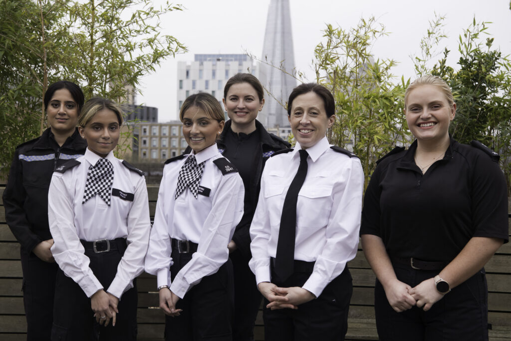 A group shot of the officers pictured in their uniform. From left to right: PC Innayah Aziz, PC Leigha Ravalia, PC Ria Ravalia, DS Rosanna Walker, PC Rachel Gallimore, DC Holie Kerton