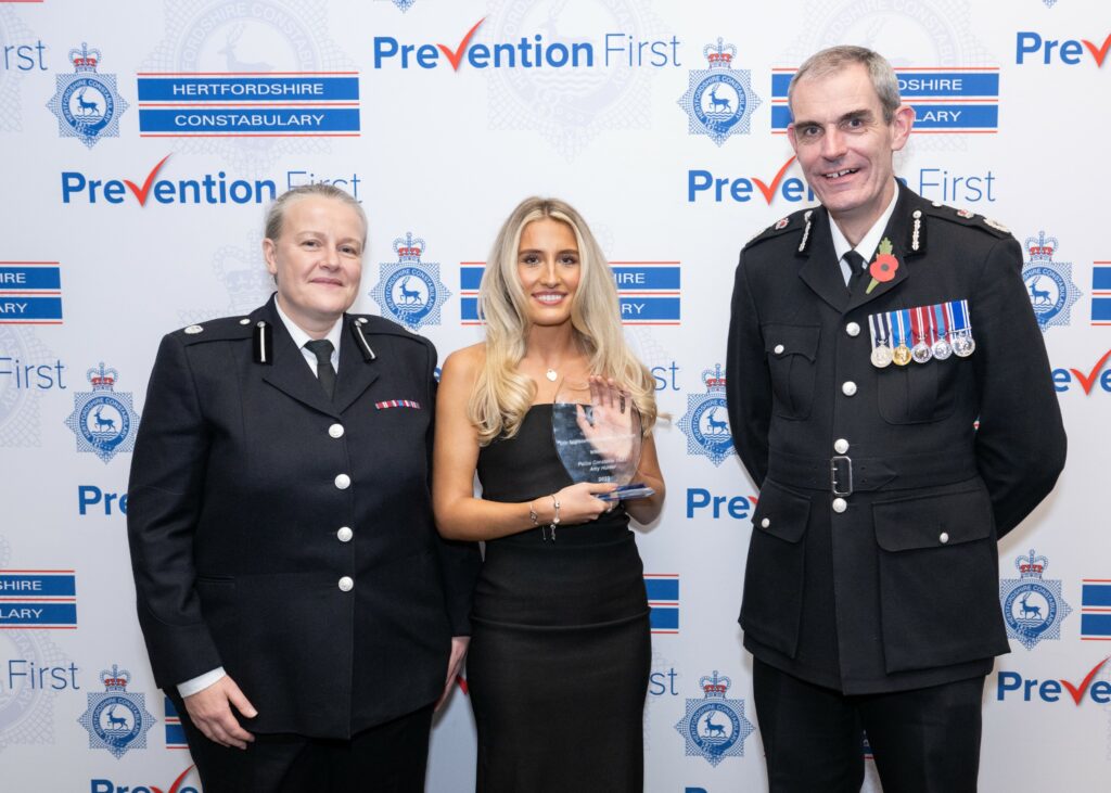 Police Constable Amy Hunter (centre) won Safer Neighbourhood Team Officer of the Year at Hertfordshire Police Chief Constable's Awards 2023 (photo credit: Gene Weatherley Photography)