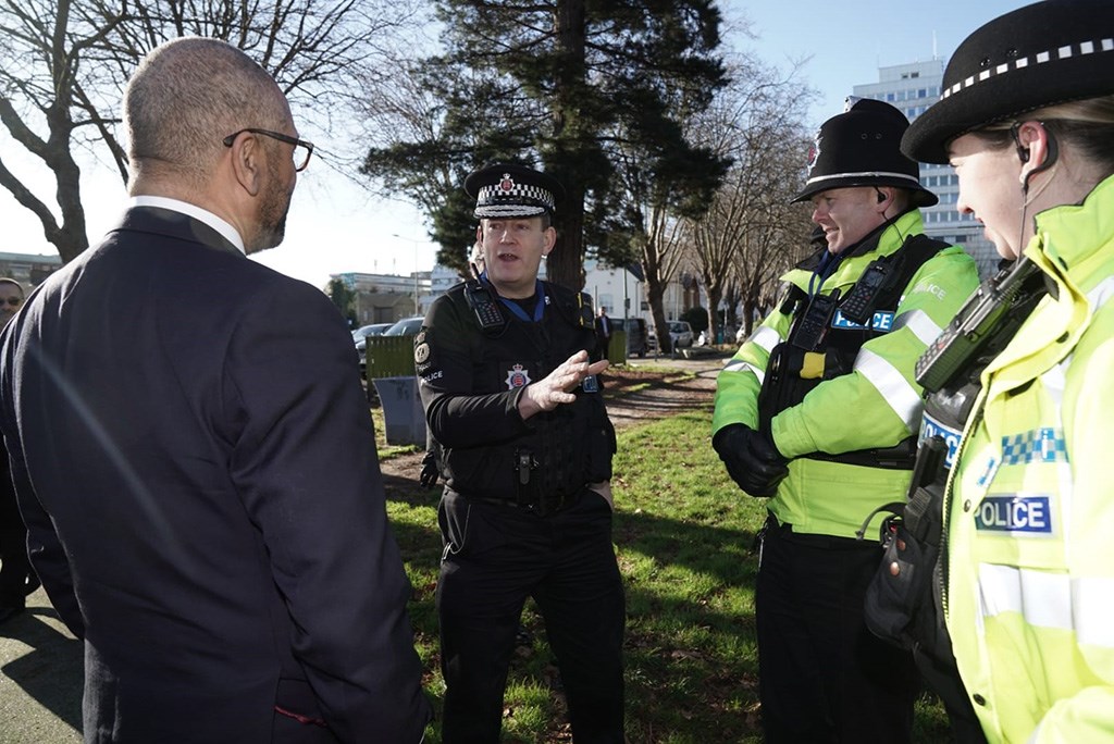 Chief Constable BJ Harrington speak with Home Secretary, James Cleverly alongside Southend Town Centre Team officers Sergeant James Mint and PC Amelia Thorne - photo credit Essex Police