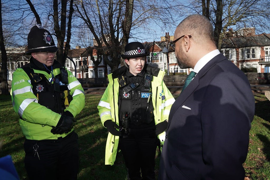 Southend Town Centre Team's PC Ameila Thorne speaks to Home Secretary, James Cleverly , alongside Sgt James Mint - photo credit Essex Police