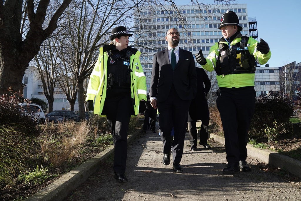 Southend Town Centre Team's Sgt James Mint and PC Amelia Thorne on patrol through Warrior Square in Southend with Home Secretary, James Cleverly - photo credit Essex Police
