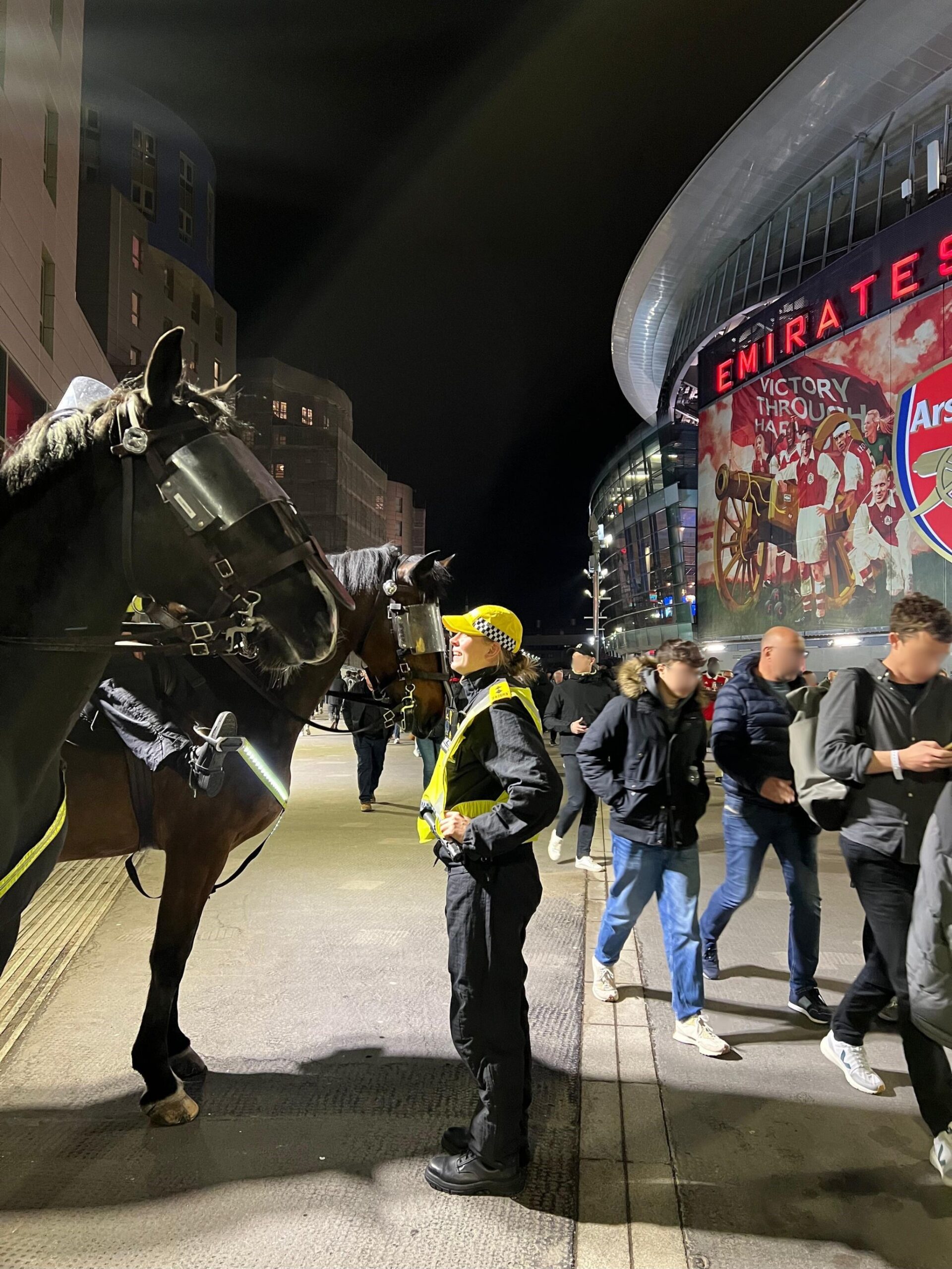 A uniformed Chief Inspector Katie Geal stands facing a police horse, also wearing policing gear, with Emirates Stadium visible in the background - lit up at night