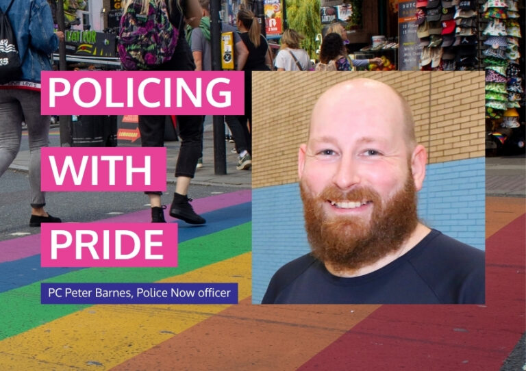 An image of PC Peter Barnes is superimposed onto a colourful community image, with the words 'Policing with Pride' in big letters next to him