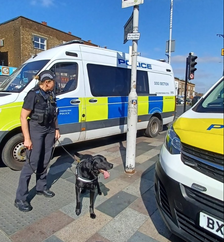 A uniformed officer is stood beside a police van, with a police sniffer dog on a lead beside her.