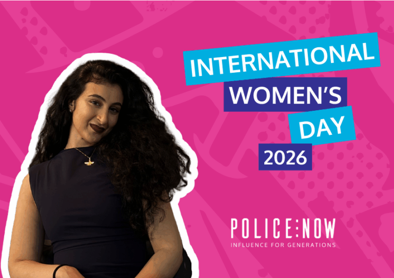 Police Constable Tara Shahsavar edited in front a pink background next to the words 'International Women's Day 2026' and Police Now's logo
